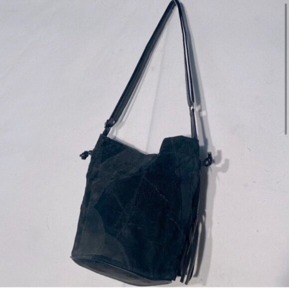 Vintage Leather Patchwork Black Brown Colour Block Bucket Bag Purse With Fringe - Picture 4 of 12